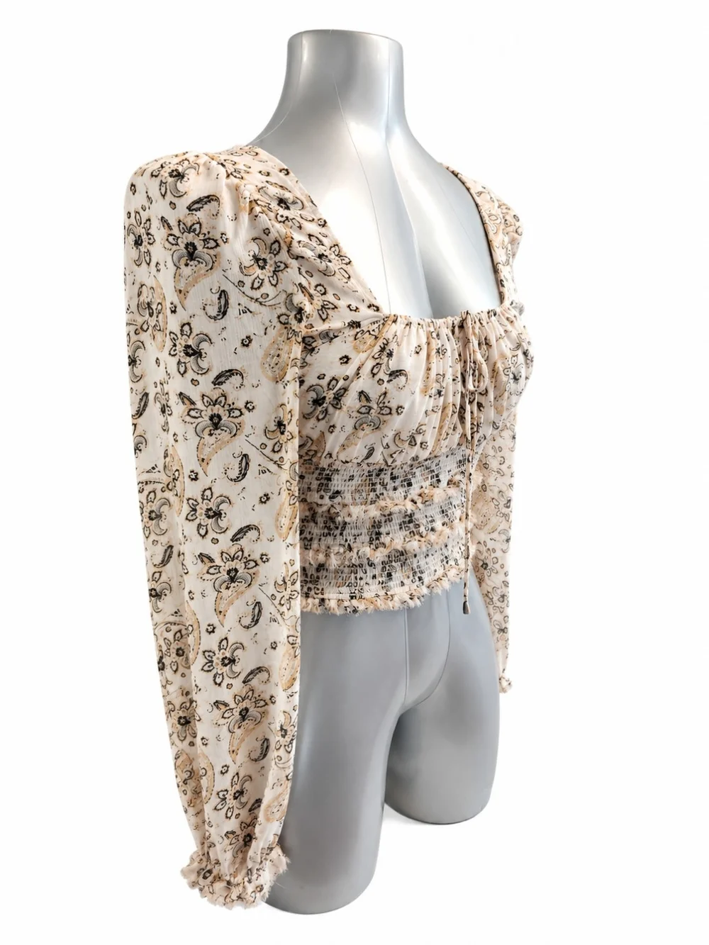 Free People Floral Smocked Crop Top Medium Boho Peasant Blouse EUC
